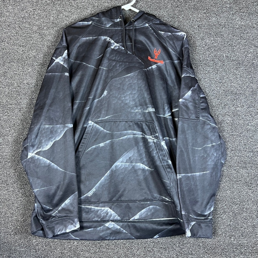Huntworth Mens Disruption Black Out Camo Performance Hoodie Large Orange Logo